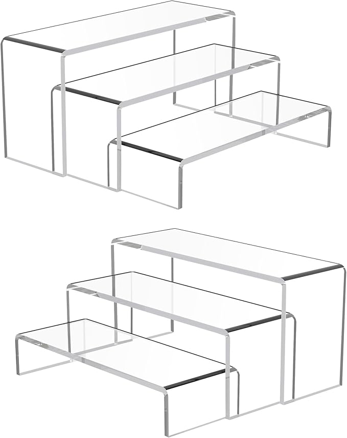 Goabroa 2 Sets 6 Pcs Clear Cupcake Display Risers 3 Tiers Rectangular Risers Display Stands 4mm Thick Collectibles Jewelry Display Shelf Lego Display Shelves Risers