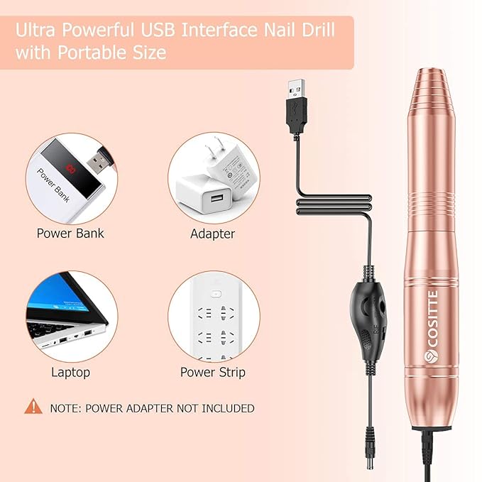 Electric Nail Drill, USB Electric Nail Drill Machine for Acrylic Nails, Portable Electrical Nail File Polishing Tool Manicure Pedicure Efile Nail Supplies for Home and Salon Use, Gold