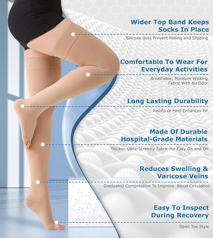 MGANG Medical Thigh High Compression Stockings for Men & Women, Pair, Open Toe, 20-30 mmHg Graduated Compression Support Hose, Opaque, Best for Varicose Veins, Edema, Flight, DVT, Swelling, Beige L