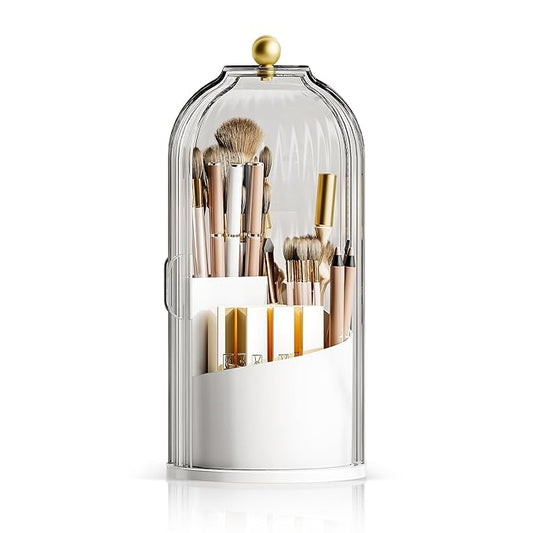 Dustproof Toothbrush Holder with Lid, 360 Rotating Countertop Electric Toothbrush Toothpaste Holders with Cover for Bathroom, 3 Slots Makeup Brush Holder with Lid for Vanity, White-Clear