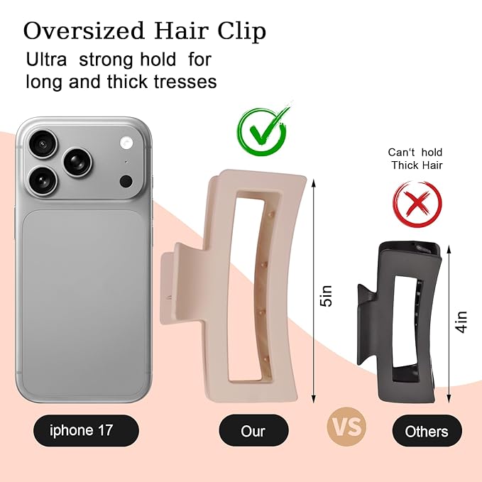 5 Inch XL Jumbo Claw Clips for Thick and Long Hair, 4-Pack Oversized Matte Rectangle Hair Clips for Women, Strong Hold Non-Slip Jaw Clips, Neutral Shades