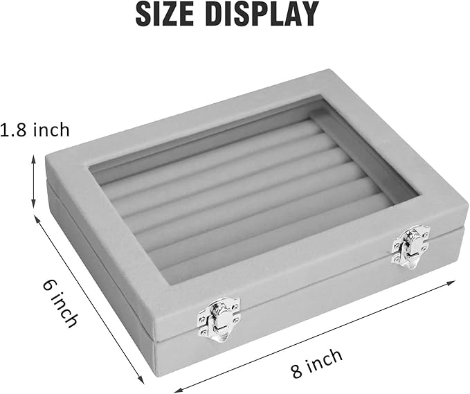 Rings Organizer Tray 7 Slots Velvet Jewelry Earring Storage Box with Transparent lid Jewelry Display Case for Girls Wife Mom Women (Grey)