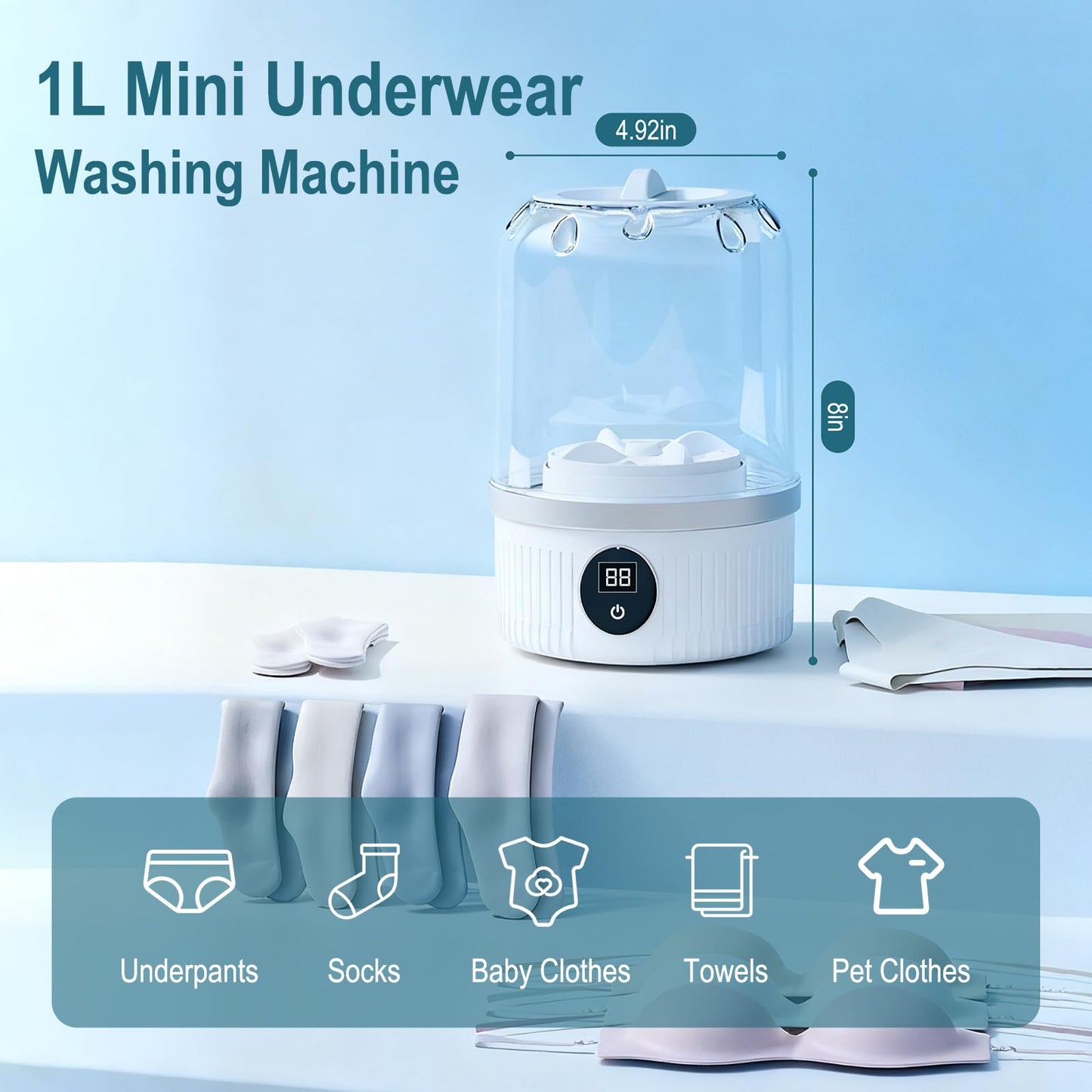 Portable Washing Machine, Compact Laundry Washer Deep Cleans Small Clothes, Socks, Underwear, Mini Washing Machine Rechargeable for Apartment, RV, Hotel, Travel & Camping Use