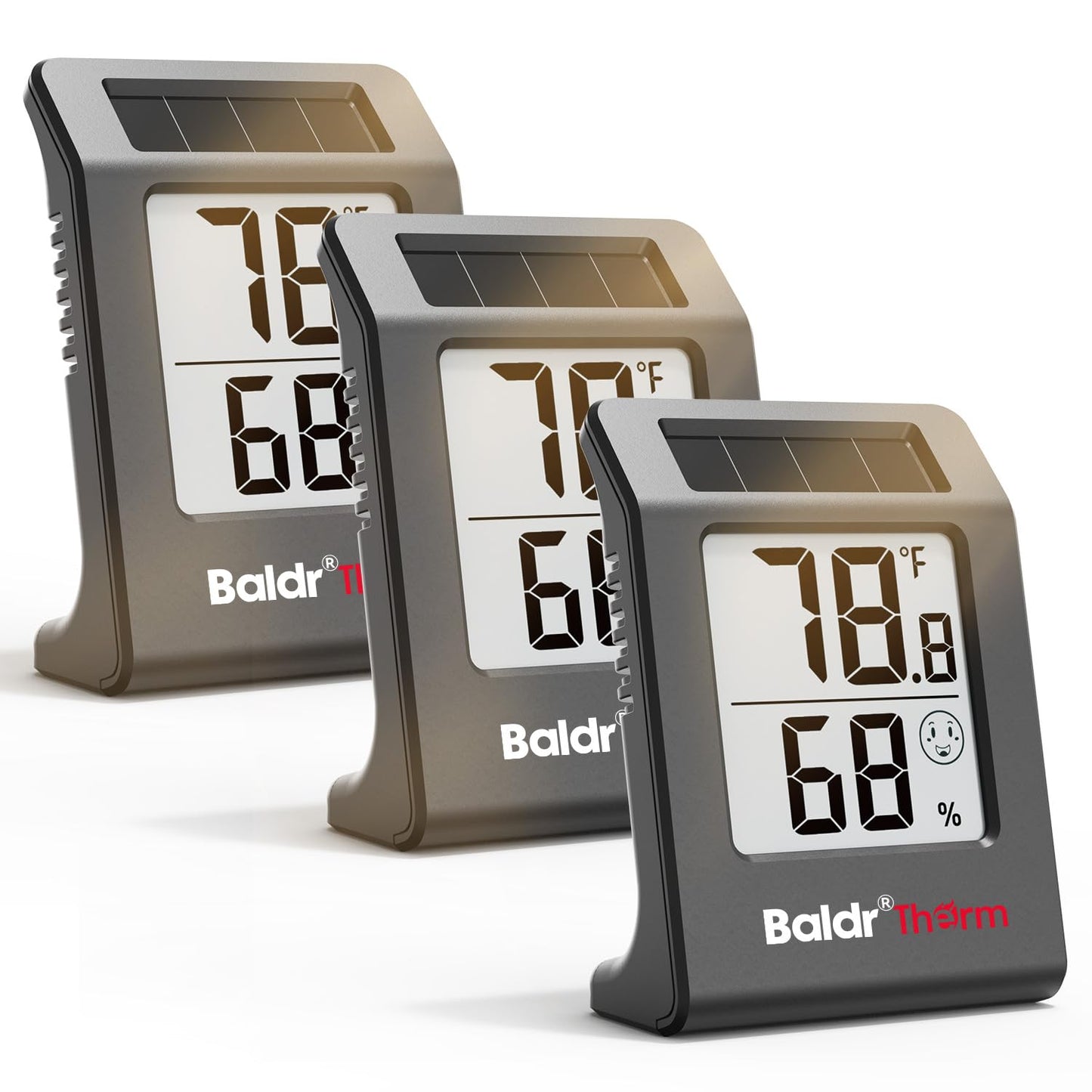 BaldrTherm Humidity Meter Hygrometer, Solar-Powered Room Thermometer Indoor Digital Temperature Sensor Monitor, 2.2''Humidity Gauge for Baby Rooms, Home, Office, 3Pack, Black
