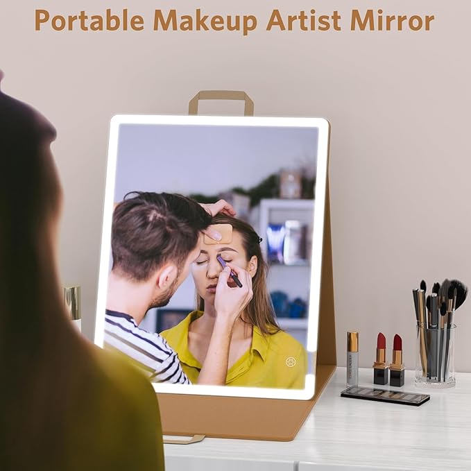 WEILY Large-Sized Makeup Mirror with 72 LED Lights, Touch Screen Three Colors Dimmable Lighted Makeup Mirror, 2000 mAh USB Rechargeable Lighted Vanity Mirror,Compact Travel Mirror (Khaki)