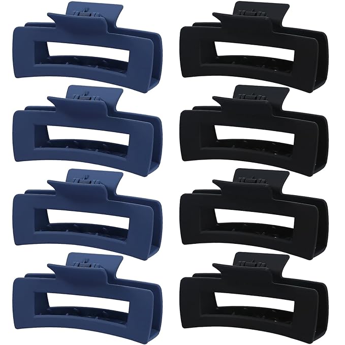 8 Pcs Large Hair Claw Clips 4.1 Inch Non-slip Big Square Matte Hair Claws for Women, Strong Hold Banana Clip for Thick Thin Hair (Black/Blue)