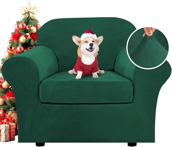 H.VERSAILTEX Rich Velvet Stretch 2 Piece Cover Chair Slipcover Sofa Cover Furniture Protector Couch Soft with Elastic Bottom Chair Couch Cover Width Up to 49 Inch (Chair, Vintage Green)