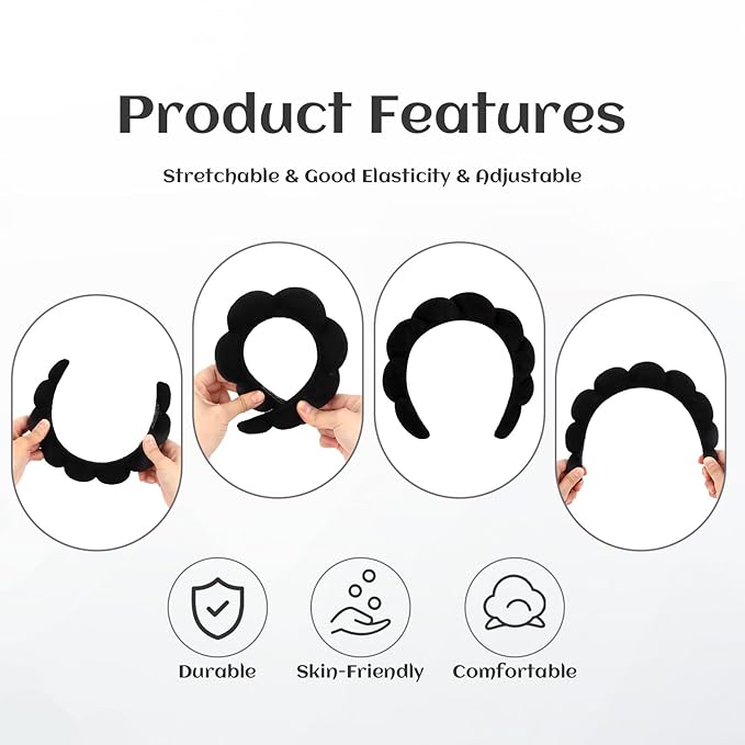 Women's Spa Headband for Face Washing, Makeup Removal, and Shower - Terry Cloth Puffy Sponge Headband with Hair Accessories (Black)
