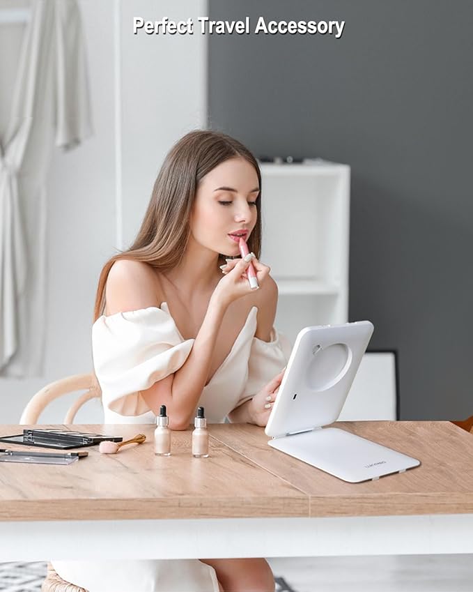 Rechargeable Travel Makeup Mirror with Lights, Portable Lighted Regular Mirror with Small 10X Magnification, 70 LEDs 3 Color Dimmable, Tabletop Folding Compact Cosmetic Mirror