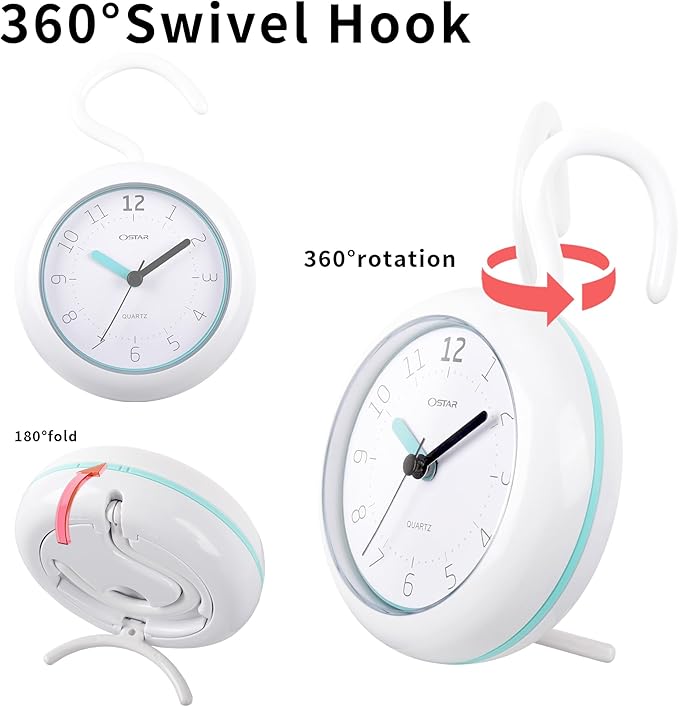 OSTAR Waterproof Bathroom Shower Clock, Analog Quartz Clock Hanging Stand Dual Purpose, One AA Battery Operated 4.72 inch Round Size