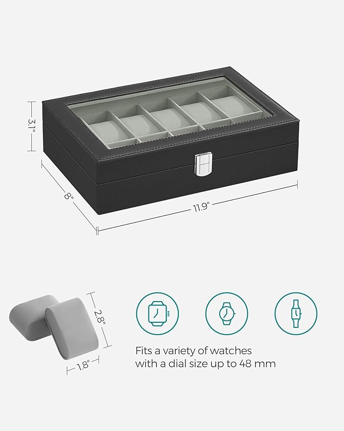 SONGMICS Watch Box, 12-Slot Watch Case Organizer with Large Glass Lid, Removable Pillows, Gift for Loved Ones, Black Synthetic Leather, Gray Lining UJWB12BK