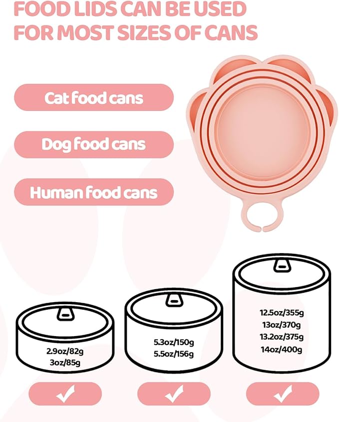5 PCS Cat Food Can Covers Lids Set - Cute Paw Design Pet Cans Lids Covers with Can Opener, Wet Food Spoon & Cat Treat Squeeze Spoon for Cats, Dogs (Pink)