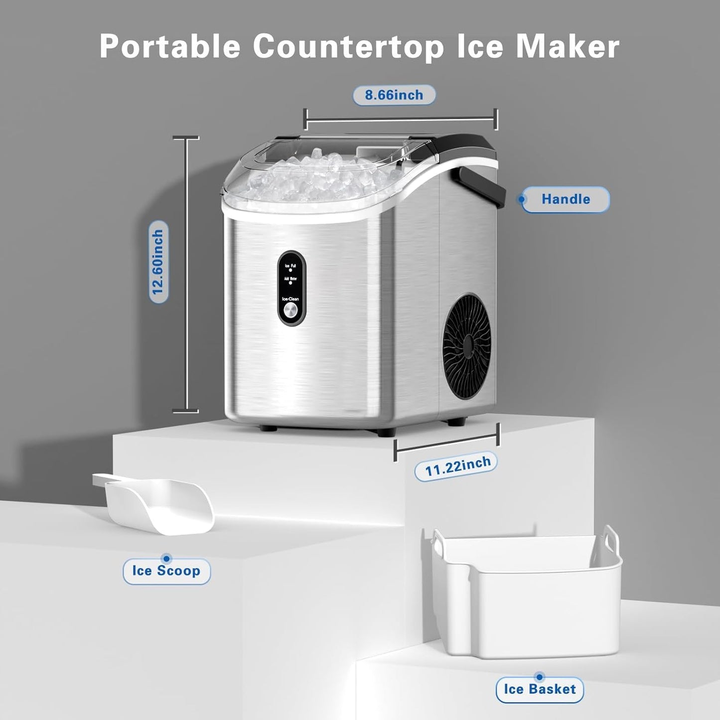 Antarctic Star Nugget Ice Maker Countertop with Handle, Stainless Steel, 35Lbs/24Hrs,7 Mins Ice Making, Pellet Ice Maker with Ice Basket/Ice Scoop for Home/Bar/Party/Office