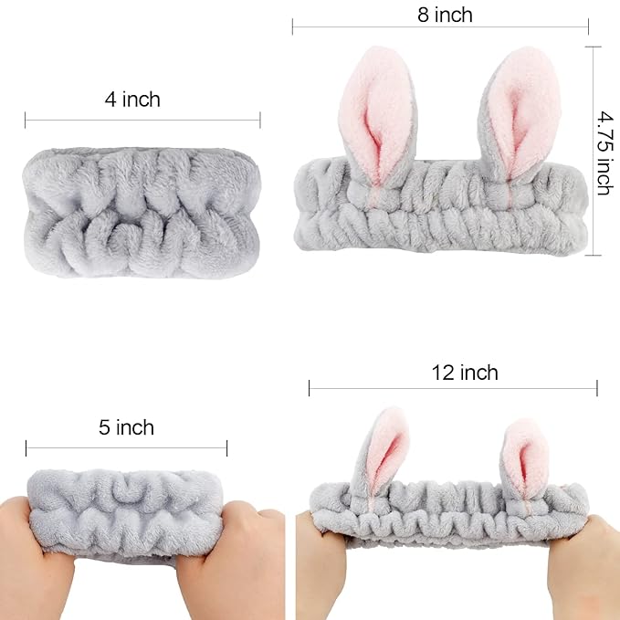 YISSION Cute Bunny Ear Spa Headband and Wristband Set for Women and Girls - Soft Plush Makeup Headband with Wrist Towels for Face Washing, Skincare, Shower, Easter Party Favors (Gray)