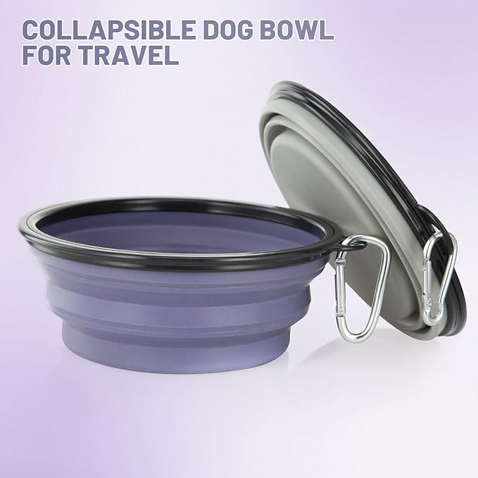 Dog Bowl Large Pet Collapsible Bowls, 2 Pack Collapsible Dog Water Bowls for Cats Dogs Portable Pet Feeding Water Dish for Walking Parking Traveling with 2 Carabiners (Large, Purple & Concrete Gray)