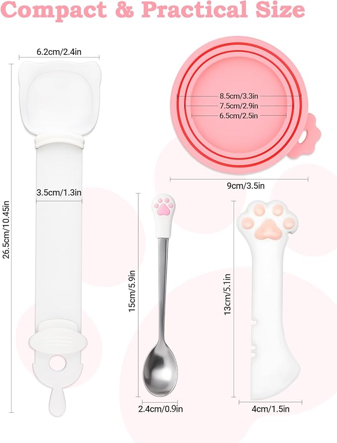 6 PCS Cat Food Can Covers Set, Reusable Silicone Can Lids with Opener, Stainless Steel Wet Food Spoon & Cat Treat Squeezer for Pet Feeding and Storage, Fits Cats & Dogs