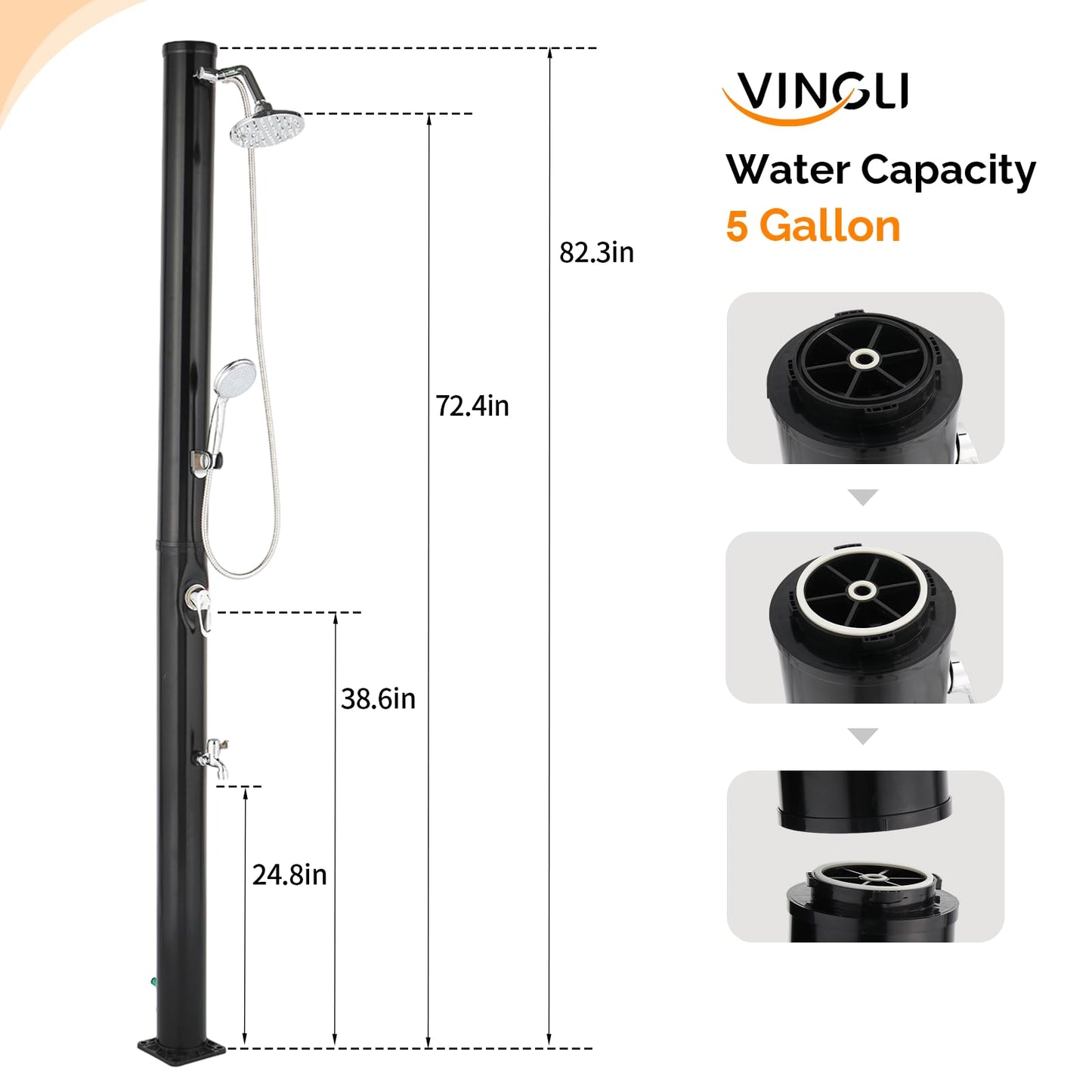 VINGLI 5 Gallon Solar Heated Outdoor Shower, 7.2 FT Height, Freestanding Outside Shower with 360° Swivel Shower Head & Foot Faucet, Hot & Cold Water Adjustment, Black
