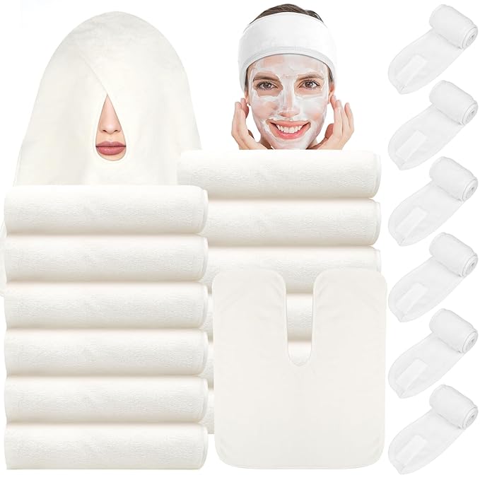 18PCS U-Shaped Microfiber Facial Towels for Estheticians,Ultra-Soft & Absorbent Spa Towels and Facial Spa Headband for Massage, Facial Steam & Skincare (White)