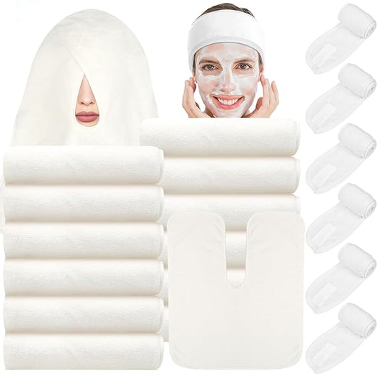 18PCS U-Shaped Microfiber Facial Towels for Estheticians,Ultra-Soft & Absorbent Spa Towels and Facial Spa Headband for Massage, Facial Steam & Skincare (White)