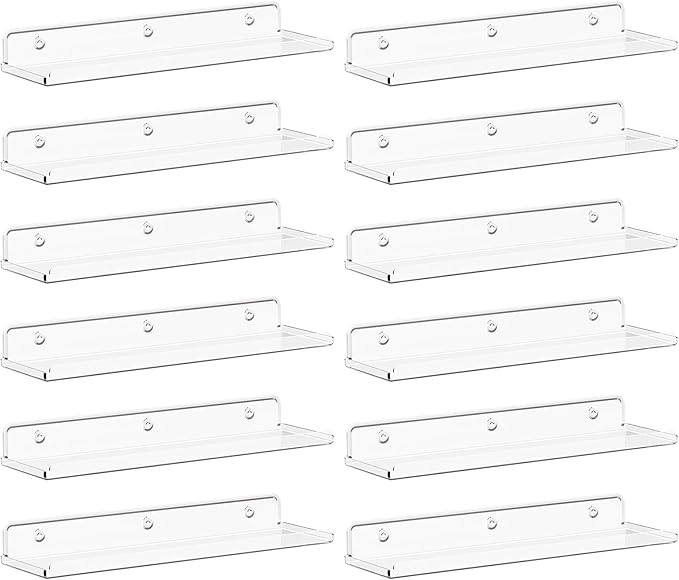 Lifewit Floating Shelves for Bathroom, Acrylic Wall Organizer for Perfume, Makeup, Figures, Nail Polish, Photo, Book, 14" Decor Display Rack for Nursery, Living Room, Bedroom, Kitchen, Clear, 12 Pack