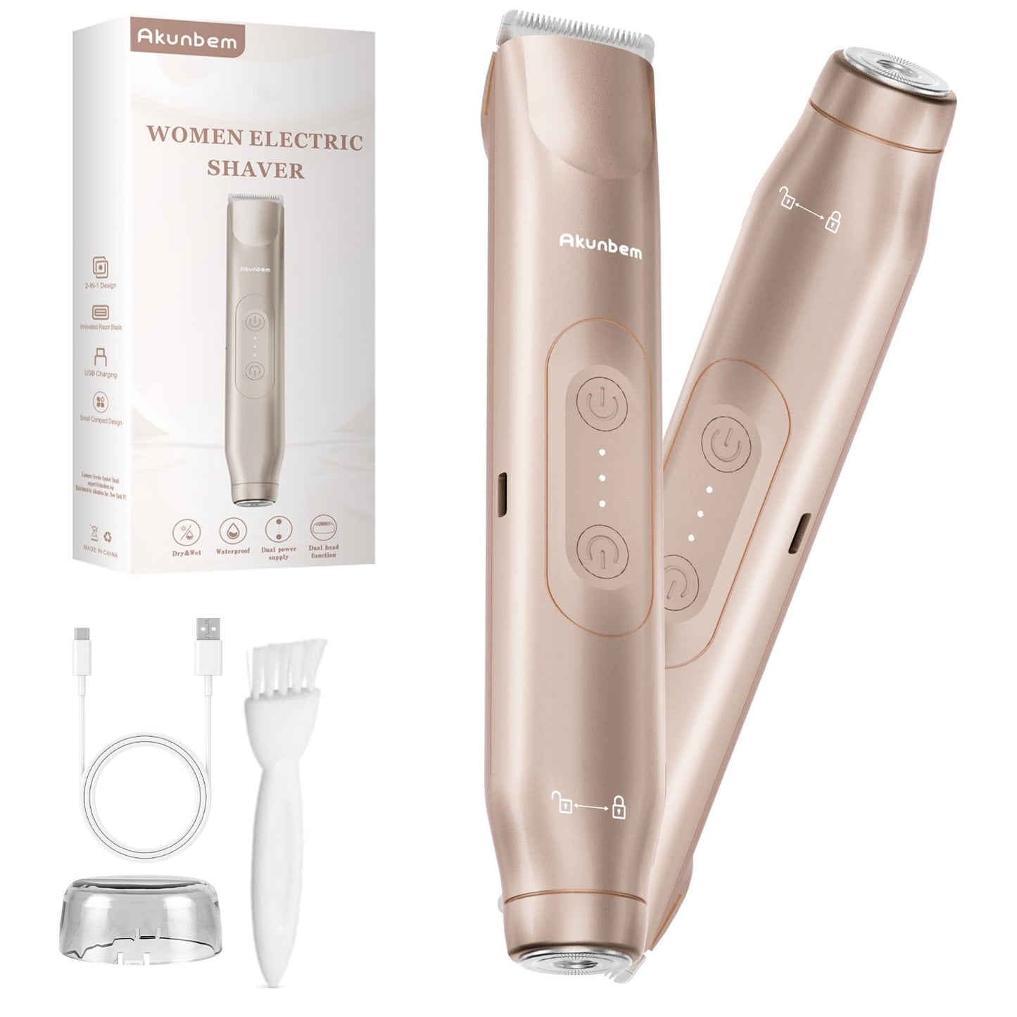 Akunbem Bikini Trimmer for Women - 2 in 1 Electric Razors for Women - Dual Head Electric Shaver - IPX7 Waterproof Wet & Dry Use Body Hair Trimmer and Facial Hair Remover for Bikini Underarm Leg Arm