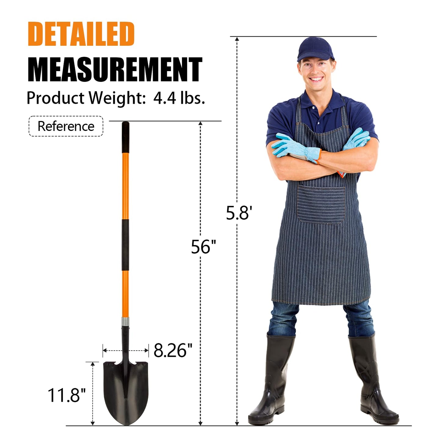 VNIMTI Heavy Duty Gardening Shovel, 56 Inch Round Blade with Fiberglass Handle (Orange)