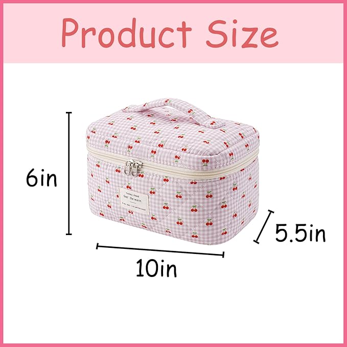 uekeboag Large Travel Quilted Makeup Bag for Women, Floral Cotton Cosmetic Bag, Coquette Aesthetic Floral Toiletry Organizer Bag
