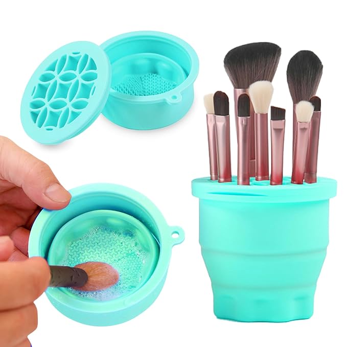 Makeup Brushes Cleaner Mat with Brush Storage Holder, Folding Portable Washing Tool for Makeup Brush Cleaning, 2 In 1 Silicone Brush Cleaner Pad & Cosmetic Brush Organizer Rack (Green)