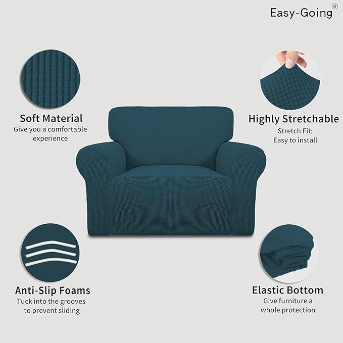 Easy-Going Stretch Oversized Chair Sofa Slipcover 1-Piece Couch Sofa Cover Furniture Protector Soft with Elastic Bottom for Kids Spandex Jacquard Fabric Small Checks Deep Teal