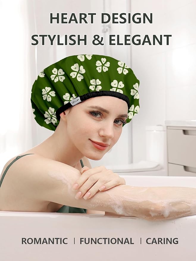 Years calm Shower Caps for Women Reusable Waterproof, Double Layer Waterproof Fabric - Both Sides Usable, Reversible Pattern & Solid Color Design, Soft Elastic Keeps Hair Dry for shower Spa Travel