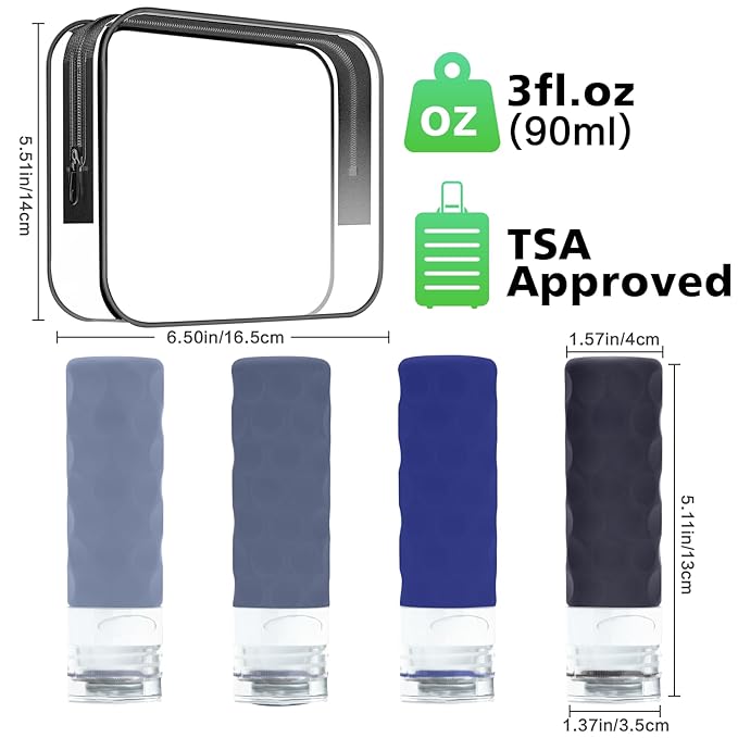 Silevoler Travel Bottles for Toiletries, 4pcs Tsa Approved 3oz Travel Size Containers, BPA Free Leak Proof Premium Silicone Bottles, Refillable Liquid Squeezable Accessories W/Toiletry Bag (Blue)