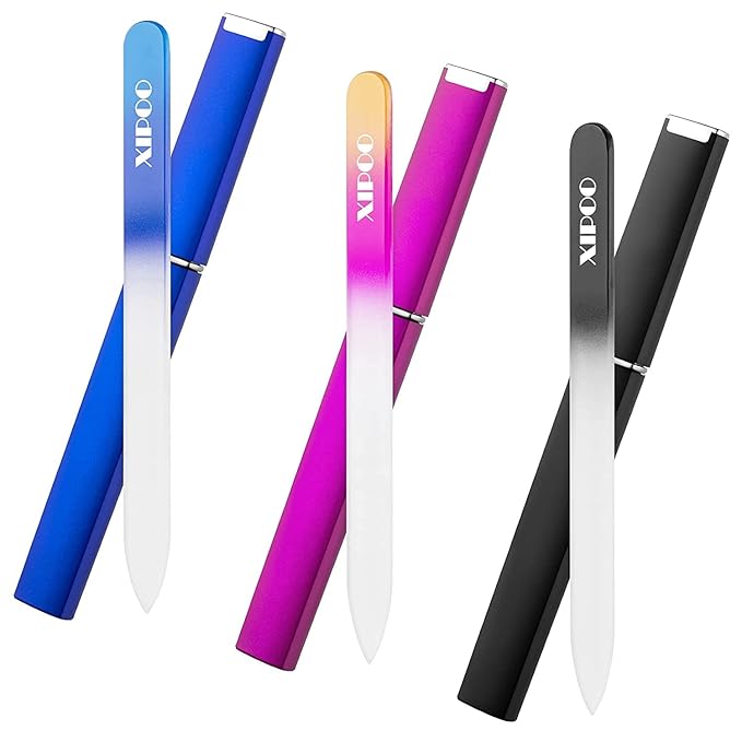 XIPOO Premium Glass Nail Files - 3 Pack with Case, Crystal, Salon Manicure Tool for Natural Nails, Gift for Women and Girls