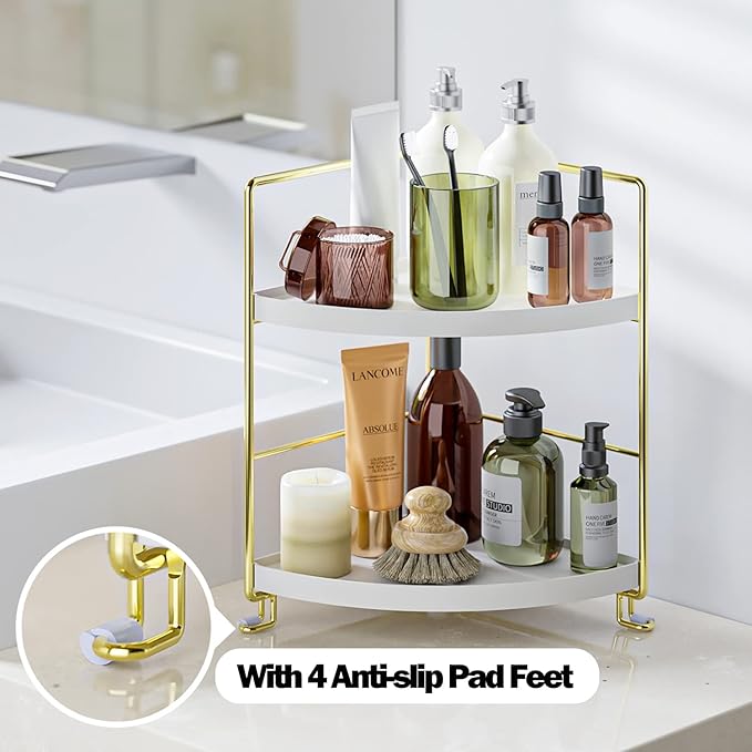 2-Tier Bathroom Corner Counter Organizer, Makeup Storage Shelf Vanity Tray, Bathroom Sink Countertop Organizer, Gold