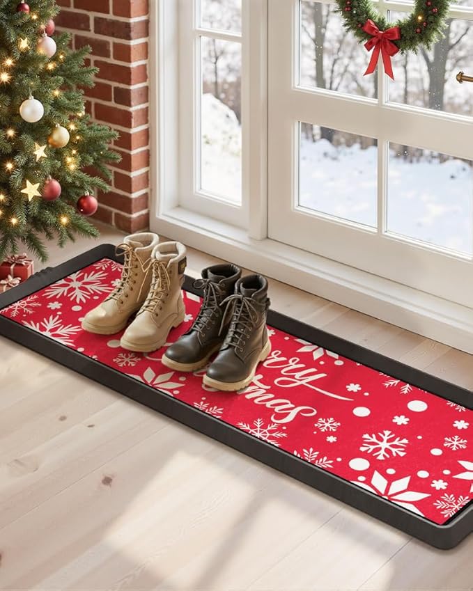 Christmas Boot Tray Mat - Heavy Duty Snow & Water Catch Tray, Waterproof Rubber Shoe Mat with Lip for Entryway, Indoor & Outdoor Holiday Decor Storage (16"x48")