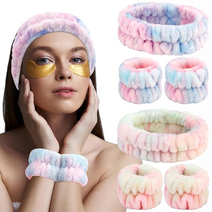 AHONEY Skincare for Teens Kids Headband Wrist Cuffs for Washing Face Wash Headbands for Girls Wome, Cute Fuzzy Tie-dye Spa Headband and Wristband Set Sleepover Accessories Teen Stuff