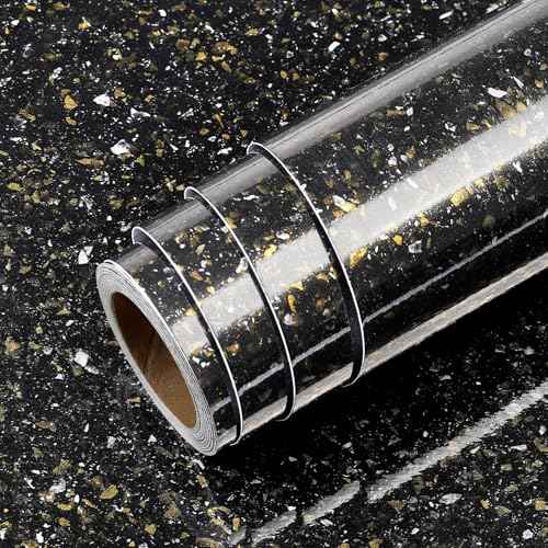 Livelynine Black and Gold Granite Contact Paper for Countertops Waterproof Counter Top Covers Renter Friendly Countertop Peel and Stick Wallpaper Kitchen Vinyl Wrap Bathroom Sink Table Desk 15.8x78.8
