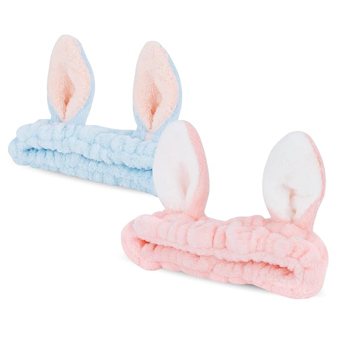 YISSION Cute Bunny Ear Spa Headband for Women and Girls - Soft Plush Makeup Headband for Face Washing, Skincare, Shower, Easter Party Favors (2 Pack, Pink & Blue)