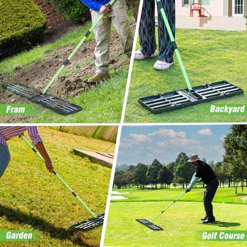 Lawn Leveling Rake 30x10 inch,Stainless Steel Lawn Leveler with Green Positioning Stakes,78" Adjustable Long Handle,Heavy Duty Level Lawn Tool for Backyard, Garden, Golf Course, Farm, Pasture