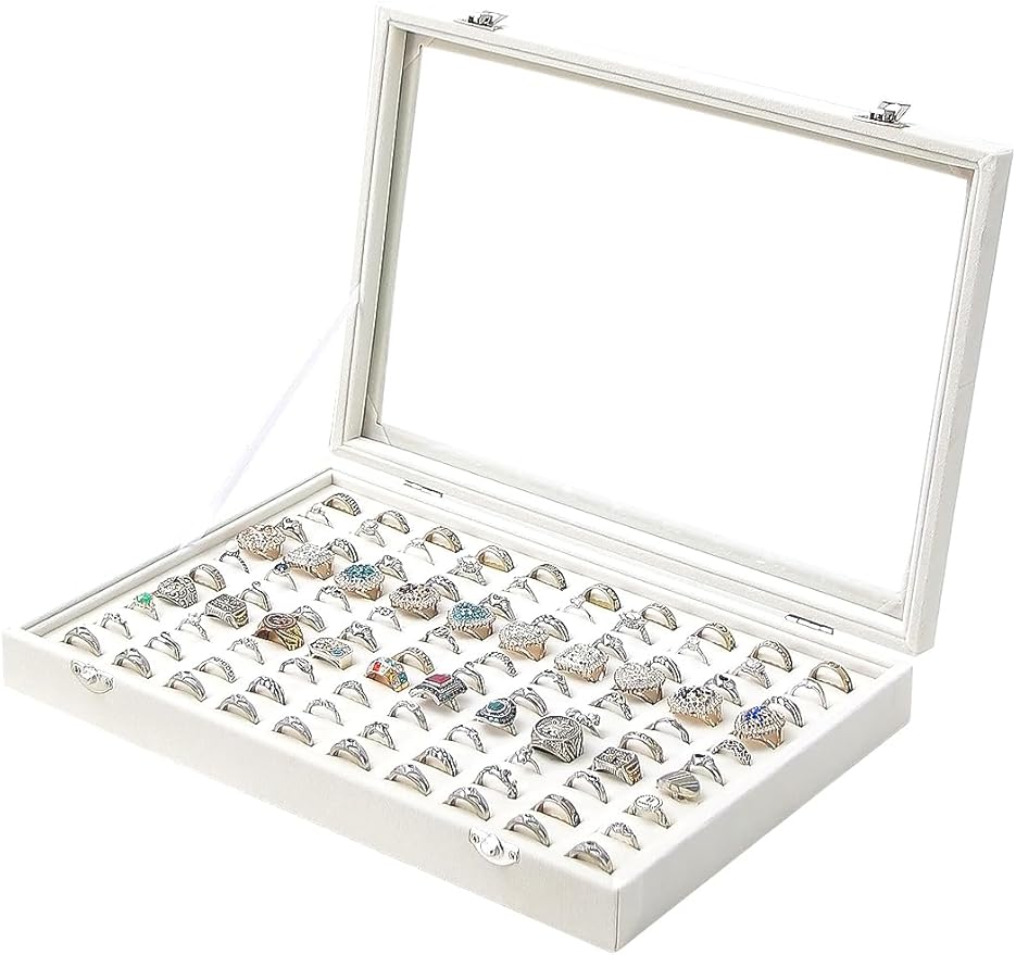 Ring Holder Organizer Box, Jewelry Display Case, Earring Necklace Storage Tray With Top Glass Lid (Beige, 100 Slots)