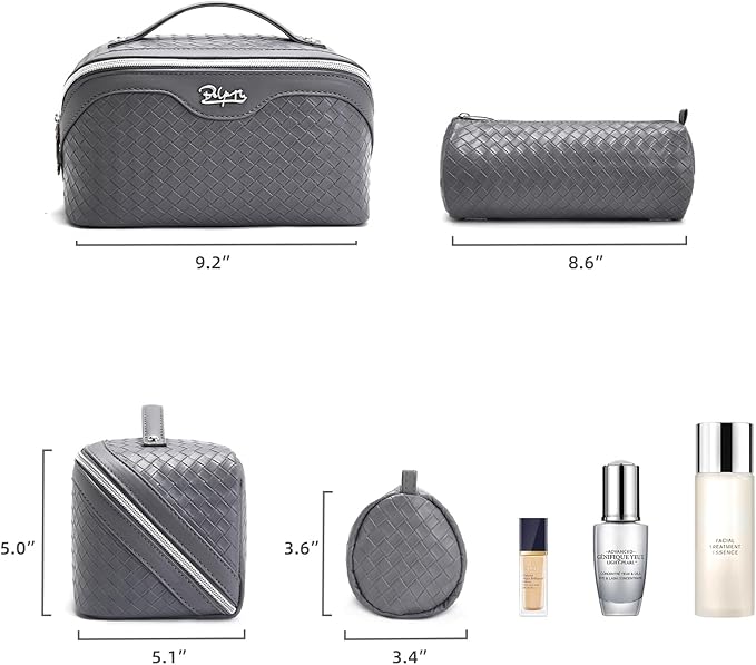 BOYATU Travel Makeup Bag Cosmetic Bags for Women: Large Capacity 3 Pcs Set Make up Bag with Compartments - Waterproof Vegan Leather Toiletry Organizer Bags with Handle (L07Grey)