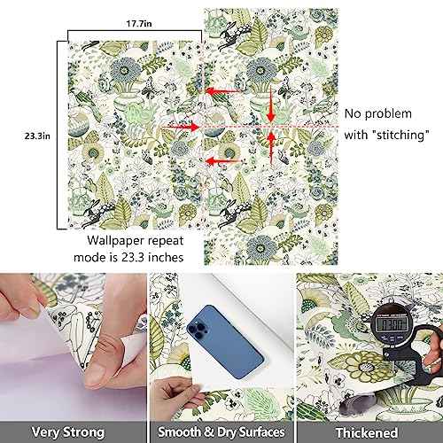 Wudnaye Floral Wallpaper Green Peel and Stick Wallpaper 17.7inch ¡¿ 118.1inch Green Contact Paper Stick and Peel Wallpapers Plants Flower Decorative Contact Paper for Shelves