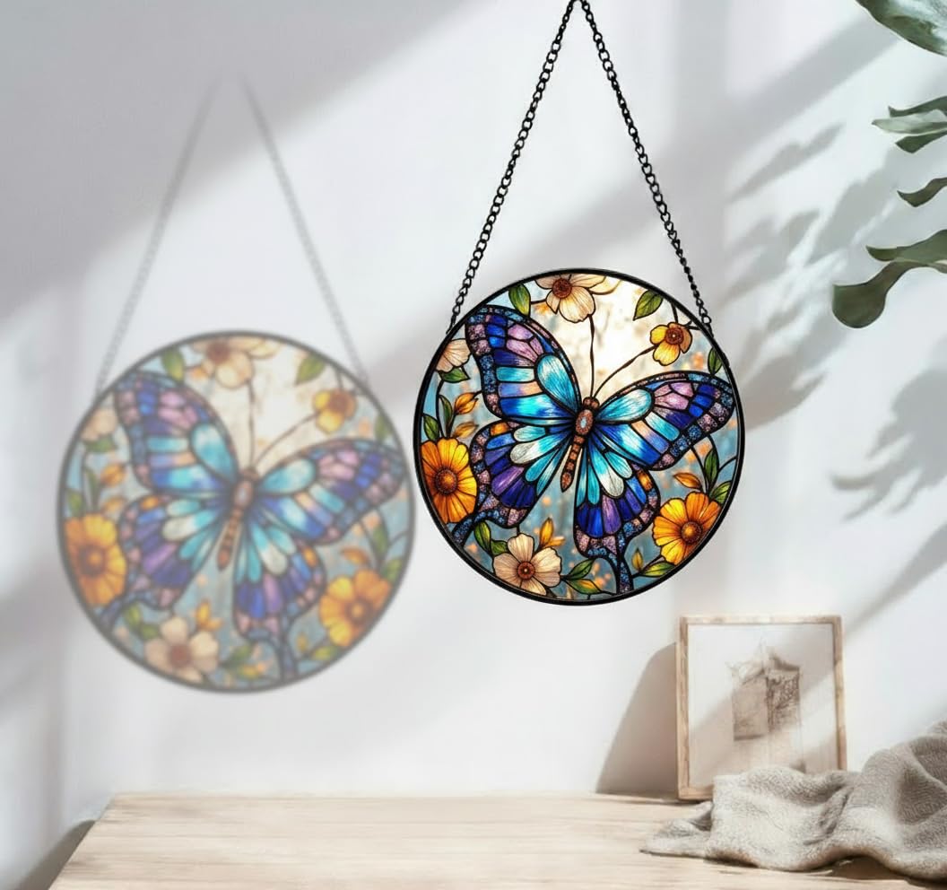 JAWNLITY Butterfly Stained Glass Suncather for Window Hanging, 6.3'' Blue Butterfly Ornament Gift for Women, Nature-Inspired Wall Art Home Decor Gifts for Mom, Grandma, Mother's Day (Blue, 6.3'')