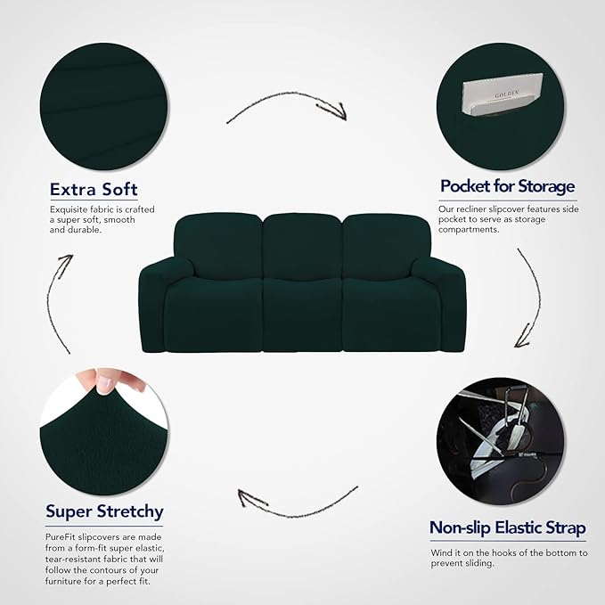 PureFit Super Stretch 3 Seats Recliner Sofa Couch Cover with Pocket – Non Slip Soft Sofa Slipcover, Washable Spandex Reclining Furniture Protector for Kids, Pets (Recliner Sofa, Deep Teal)
