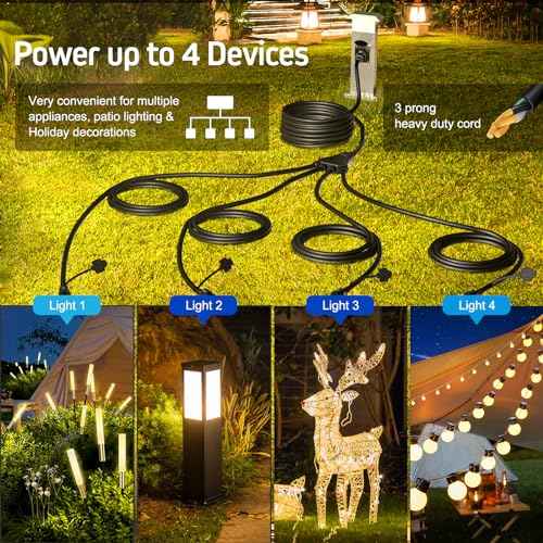 Eversimpleinc Black 1 to 4 Splitter Extension Cord (Combined 74 FT, End to End 56 FT), 3 Prong Plug with 4 Extended Outlets, with Weatherproof Covers for Indoor and Outdoor