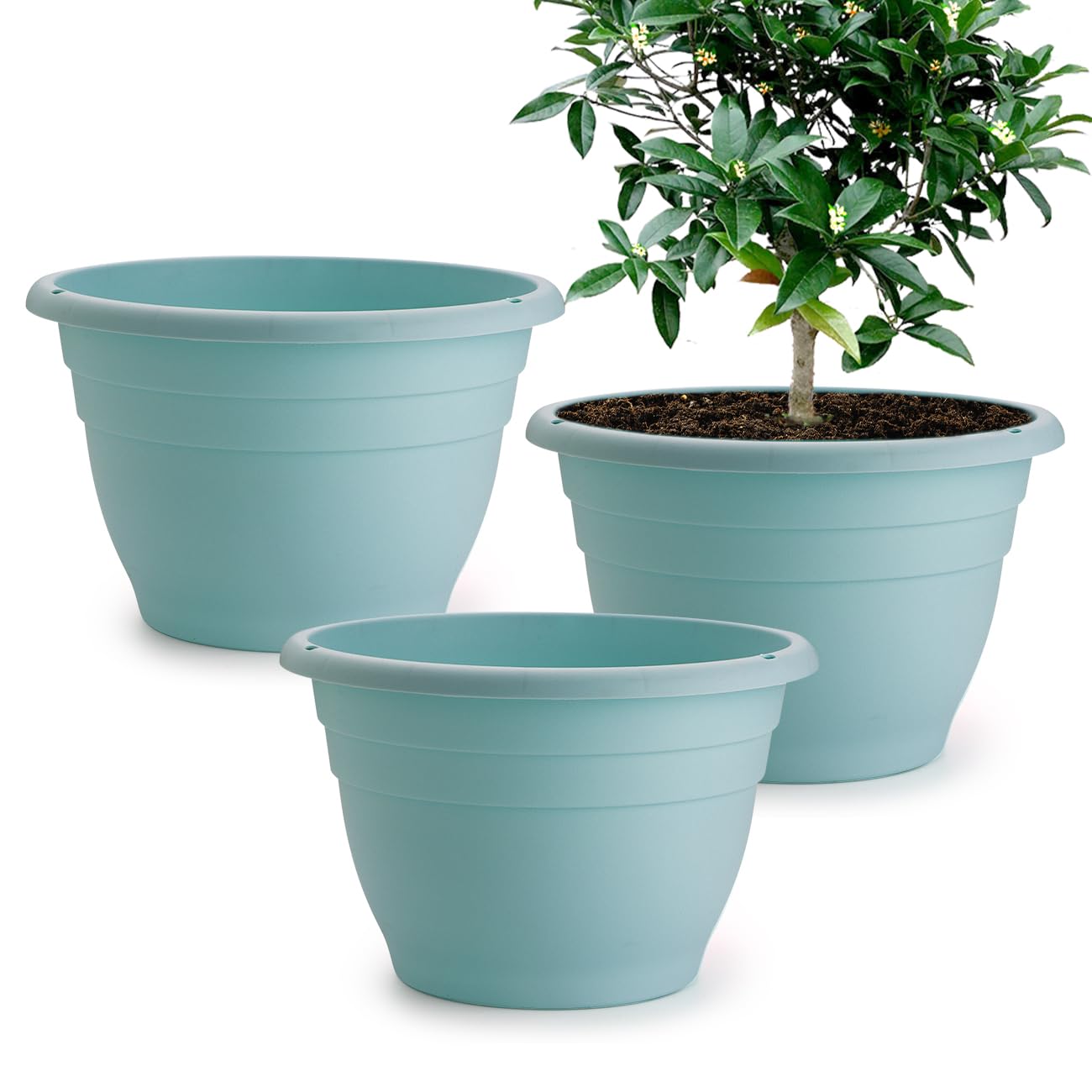 RooTrimmer 3 Pack 11 Inch Plant Pots with Drainage Hole and Plug, Durable Plastic Flower Pots for Indoor & Outdoor Plants, Elegant Mordern Plant Pots Perfect for Herbs, Flowers & Succulents, Blue
