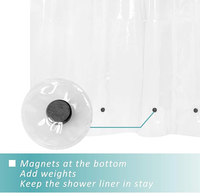 Mrs Awesome Shower Curtain Liner with 6 Magnets Clear Thick PEVA, Premium Waterproof Plastic Shower Curtain Standard Size 72 x 72 inch, Clear