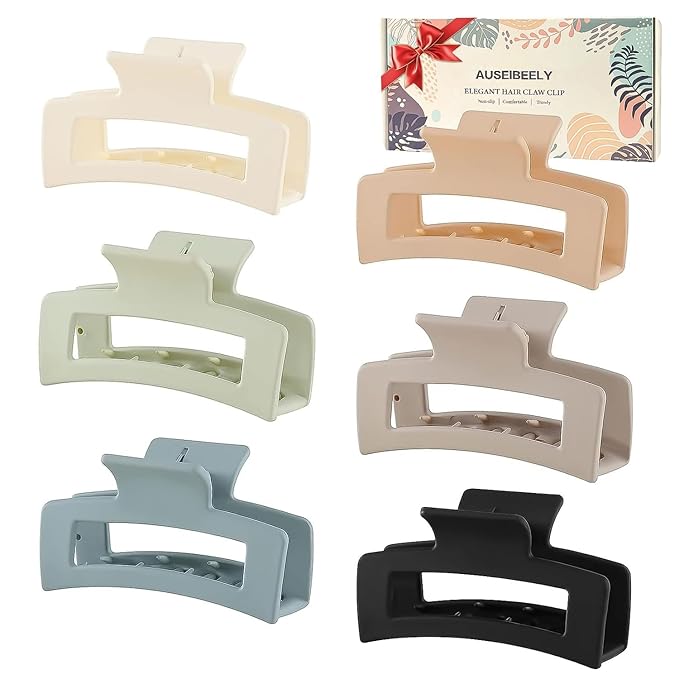 Auseibeely 6 Pack Square Claw Clips for Women Girls,Rectangle Hair Clip 3.35" Medium Non-slip Claw Clips, Strong Hold Matte Jaw Claws for Thin/Medium Hair Banana Jaw Clips Accessories Gift