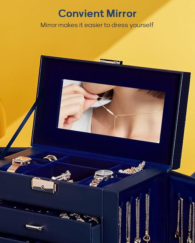 Homde Synthetic Leather Huge Jewelry Box Mirrored Watch Organizer Necklace Ring Earring Storage Lockable Gift Case (Dark Blue + Gold)