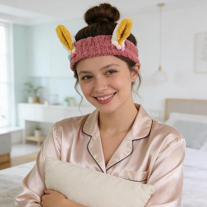 PERFECTSIGHT Kawaii Headband for Spa, Makeup, Washing Face, Party - 2 Pack Cute Hair Band for Shower Beauty Skincare, Soft Facial Headbands for Girls and Women (Red+Yellow Rabbit Ear)