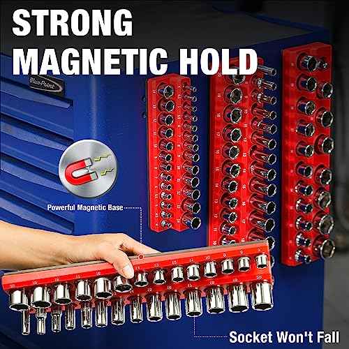ALOANES 54-Slot Magnetic Socket Organizer - 2PC Holder Kit, Premium Tray Holders for Standard & Deep Metric Sockets, Heavy Duty 3/8-inch Drive Tool Organizer (Red & Blue)